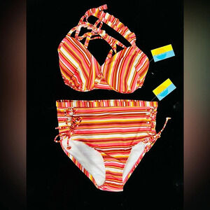 Island Rays NWT Ladies 1X Two Piece Bikini Set Striped Swimsuit Padded Top